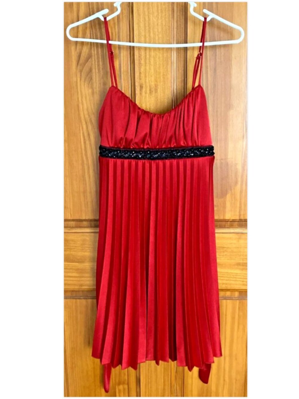 Speechless Ruby Red Satin Dress Mob Wife Glam Beaded Waist Pleated Skirt Small